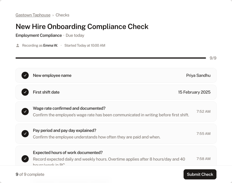Employment Compliance check form