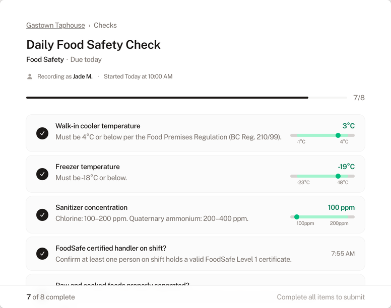 Food Safety check form