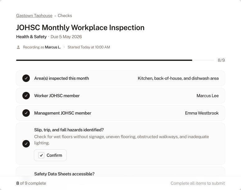 Health & Safety check form