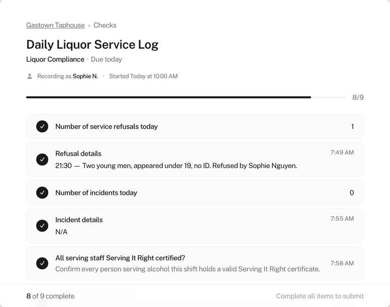 Liquor Compliance check form