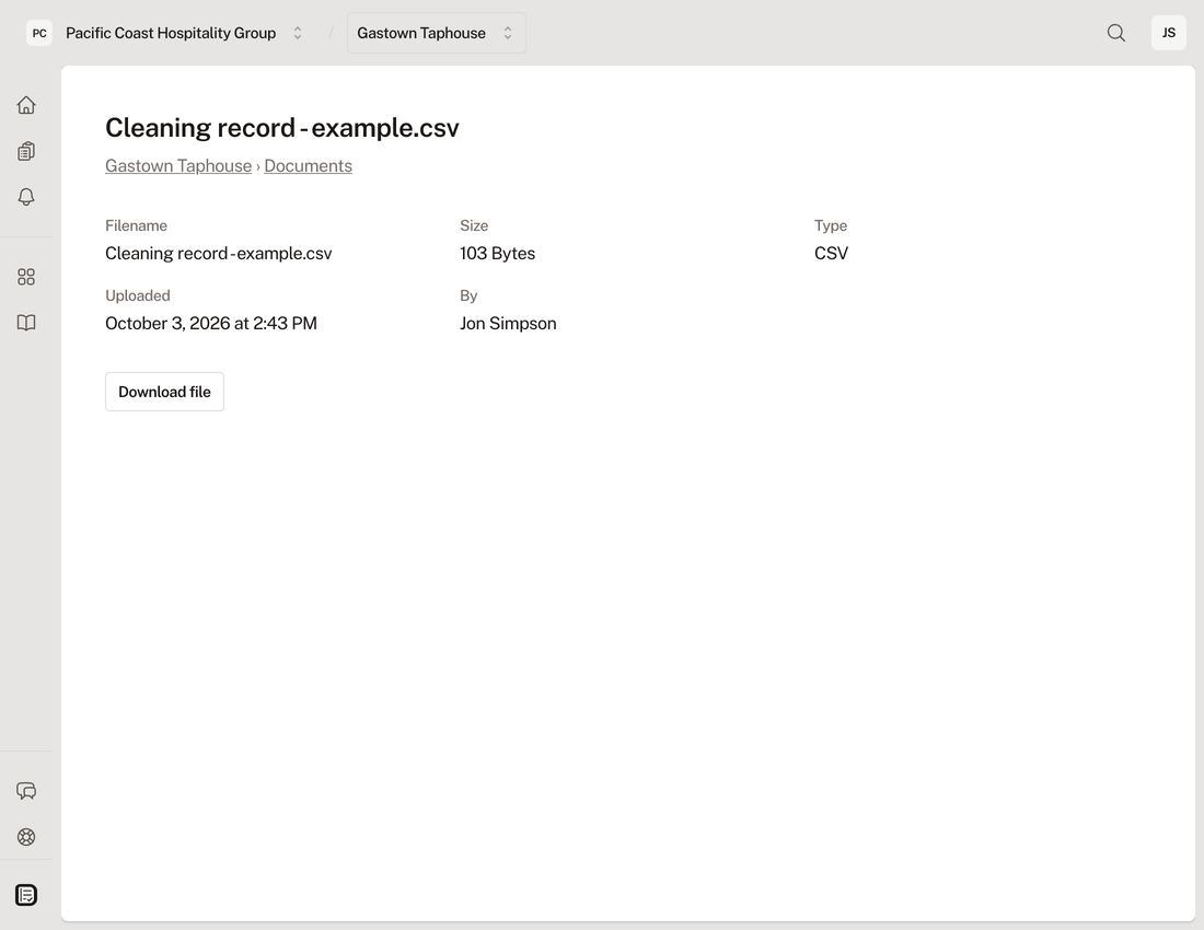 An example uploaded file showing its uploader, date and Download button