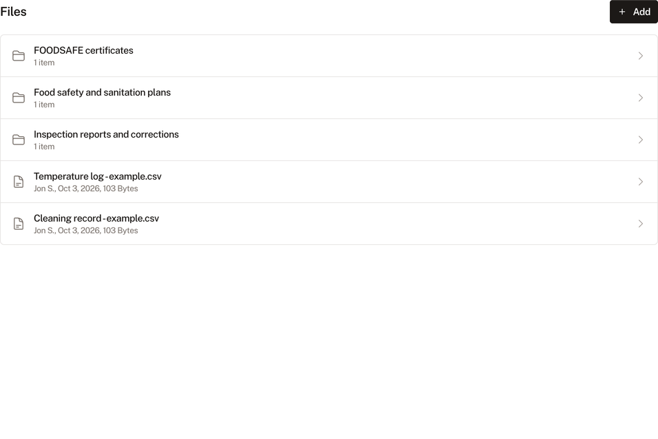 Duty Room Documents screen with site folders and example uploads