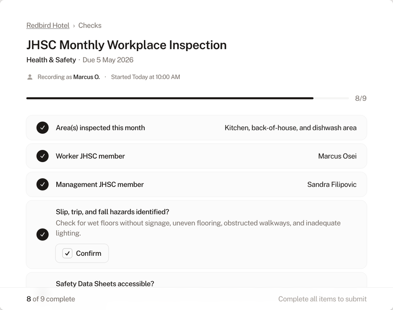 Health & Safety check form