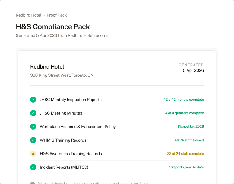 Health & Safety proof pack