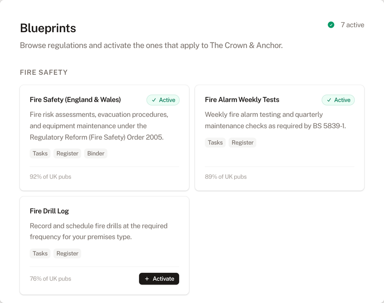Blueprint library showing available regulations
