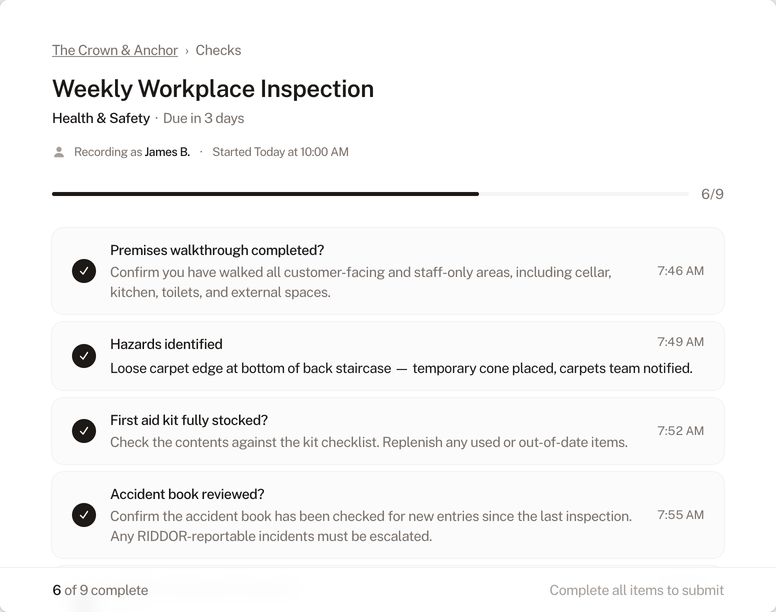Health & Safety check form