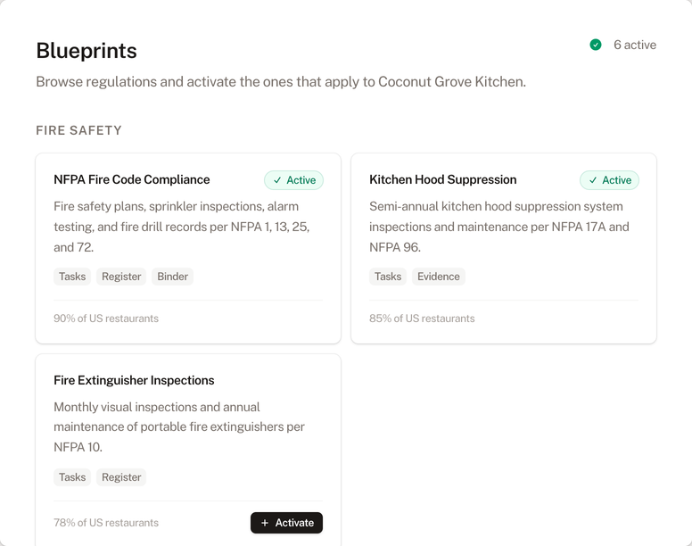 Blueprint library showing available regulations