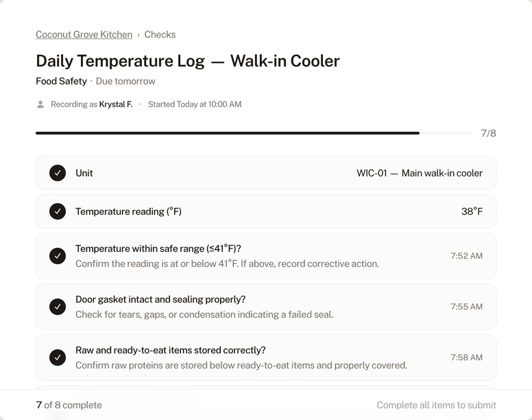 Food Safety check form