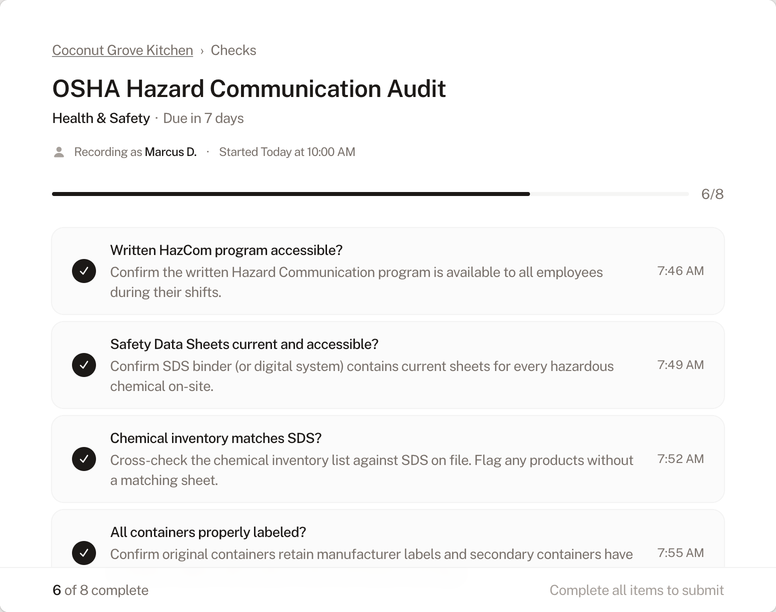Health & Safety check form