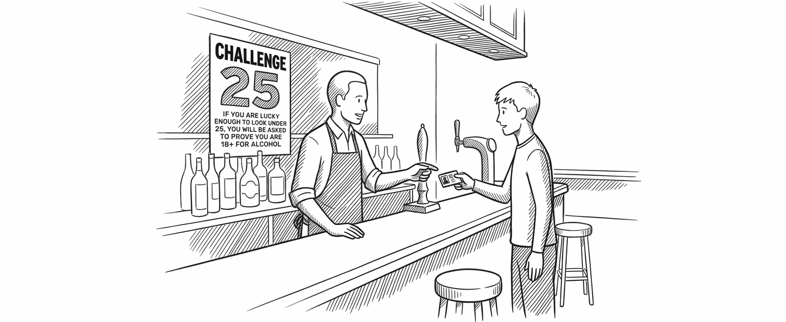 A bartender checking a young customer's ID at a pub bar, with a Challenge 25 sign on the wall behind