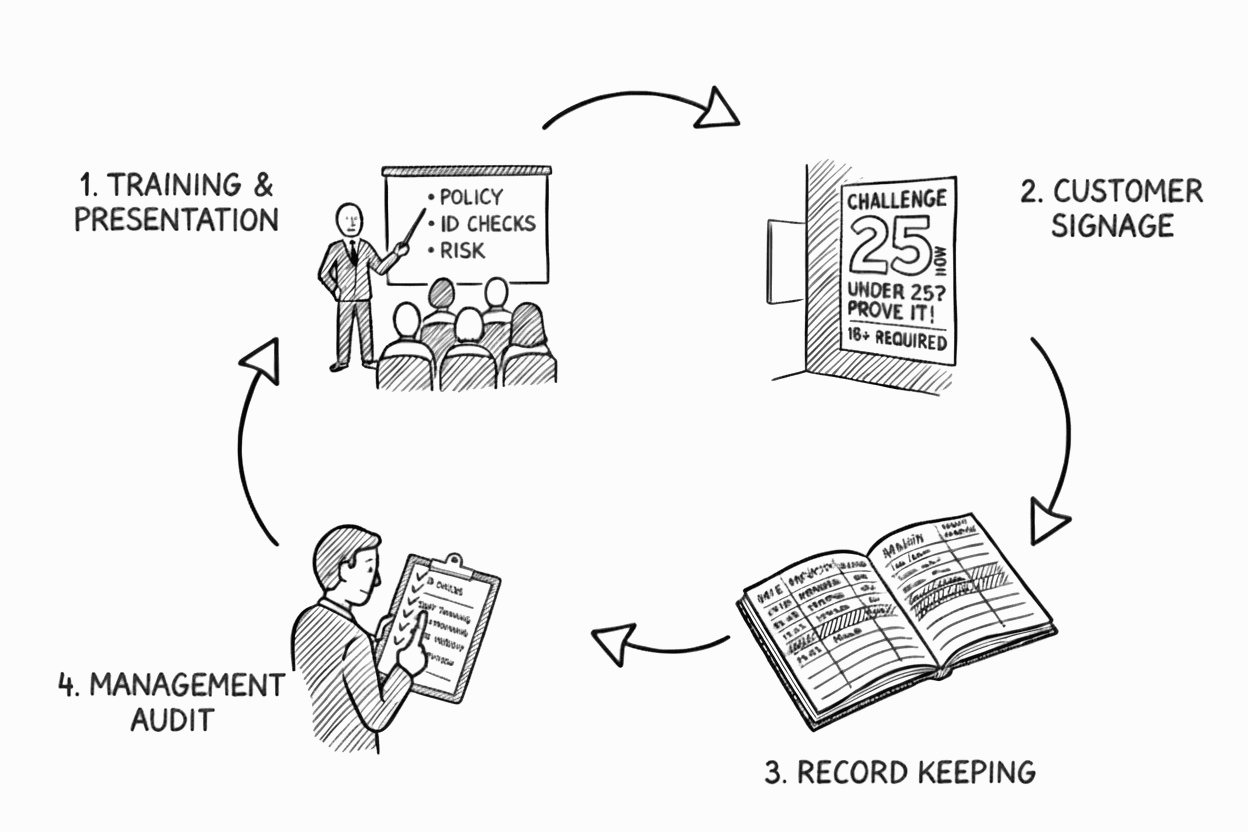 The four components of Challenge 25 as a cycle: training, signage, record keeping, and management audit