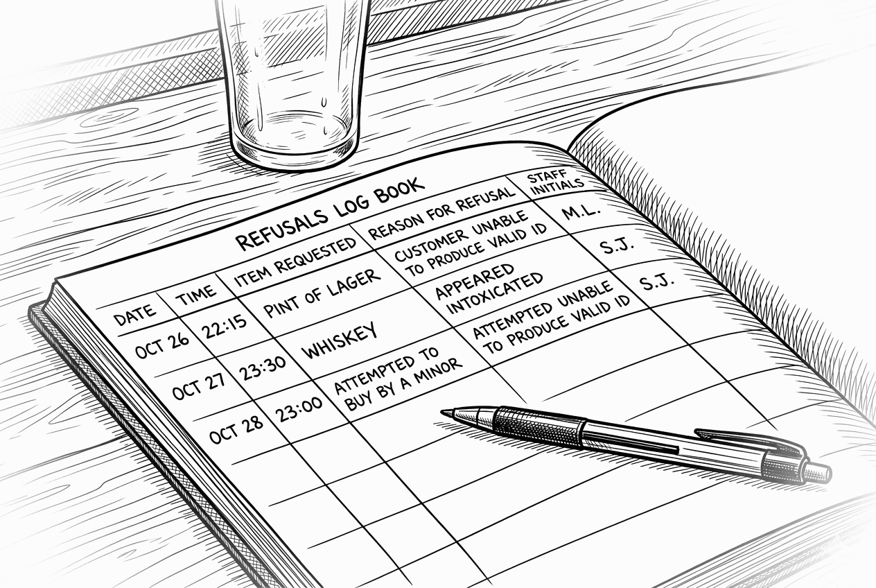 A refusals log book open on a bar counter with entries recording refused sales